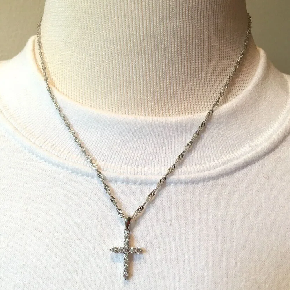 Cross Necklace Sterling Silver Cubic Zirconia Pendant 925 17in Twist Chain
